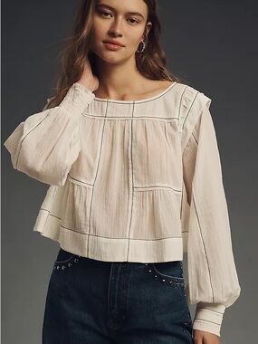 Anthropologie Cream Grid-Trim Peasant Blouse
